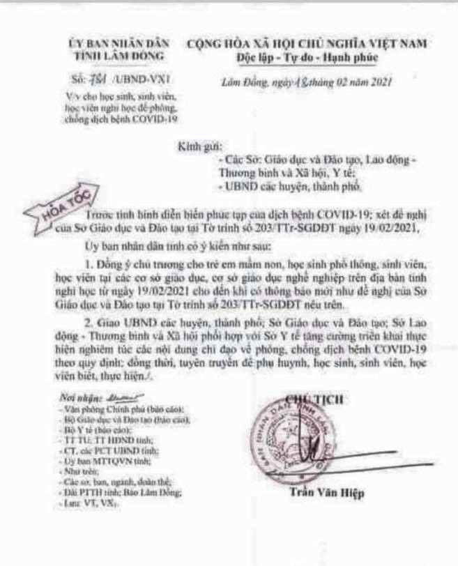 Thông báo khẩn về giả mạo văn bản của Chủ tịch tỉnh Lâm Đồng cho học sinh nghỉ học